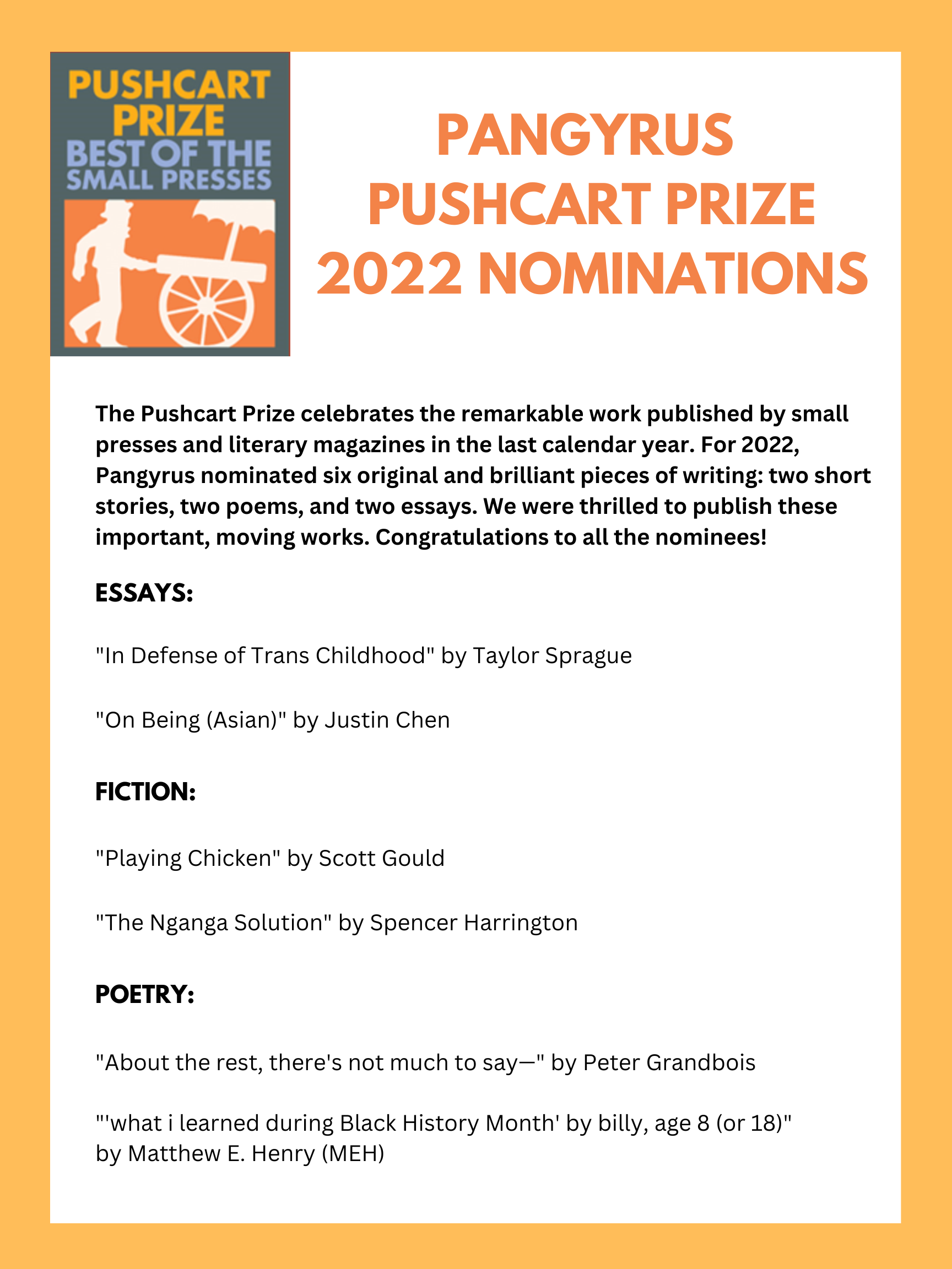 Pangyrus Pushcart Prize 2022 Nominations Pangyrus